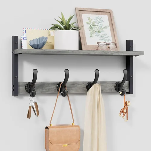 Vista 14 de Tatub Perchero rústico de 29 pulgadas con estante, ganchos de pared de entrada con estante, perchas para baño, sala de estar, dormitorio, negro