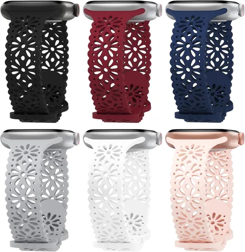 Vista 12 de Paquete de 6 correas de silicona delgadas y huecas de encaje compatibles con Apple Watch de 1.496 pulgadas, 1.575 pulgadas, 1.614 pulgadas, 1.654