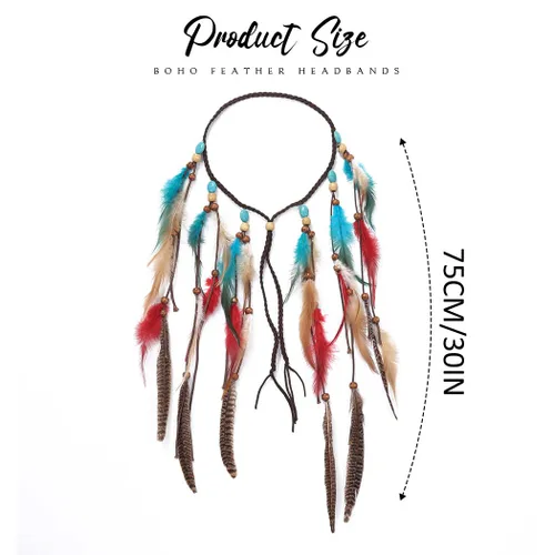 Vista 6 de CAKURE Diadema de plumas bohemias, tocado gitano, bohemio, turquesa, diadema azul hippie, diadema ajustable, accesorios para el cabello de plumas