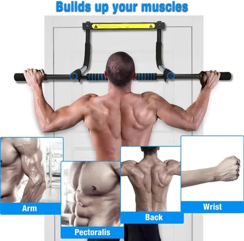 Vista 2 de Barra de dominadas ajustable de 33.5 in para marco de puerta, 220.5 lbs, sin tornillos, robusta con espuma para entrenamiento, fitness