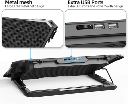 Vista 3 de KYOLLY Alfombrilla de refrigeración mejorada para laptop, enfriador de laptop para juegos con 5 ventiladores silenciosos, 2 puertos USB, 5 alturas