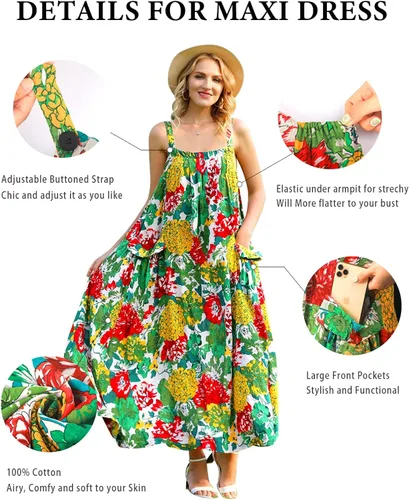Vista 4 de YESNO Vestido largo para mujer con bolsillos estilo bohemio de verano con correa ancha ajustable con botones E96