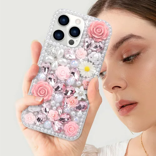 Vista 6 de para iPhone 14 Pro - Funda con Purpurina y Diamantes de Imitación, de Lujo, con Cristales Brillantes, Flores de Rosa, Perlas Florales, Pulseras