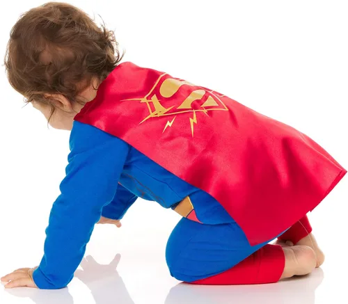 Vista 3 de DC Comics Disfraz de superhéroe para bebés y niños, body con cremallera y capa, disfraz de Superman para bebé y disfraz de Batman para bebé