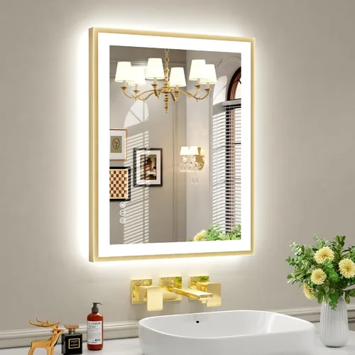 Vista 30 de Espejo de baño LED de 24x28 pulgadas con marco negro, espejos de baño retroiluminados y con luz frontal para pared, antiempañamiento, regulable