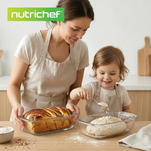 Vista 7 de NutriChef Juego de 4 moldes de vidrio para pan con tapas, apilables de 1.9 cuartos de galón / 62 onzas, 2 recipientes de almacenamiento de alimentos