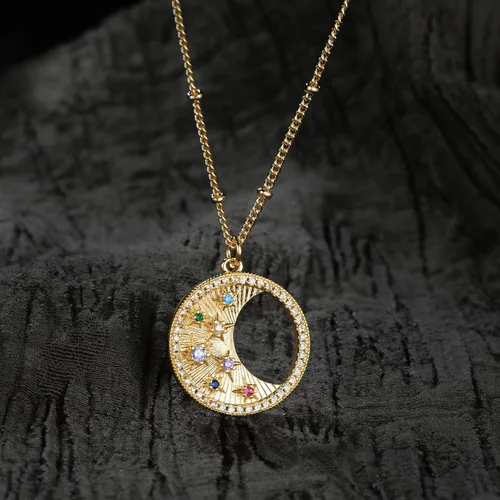 Vista 5 de Collar con colgante de luna de oro para mujer, chapado en oro de 14 quilates, cadena delicada, luna creciente, sol, estrella