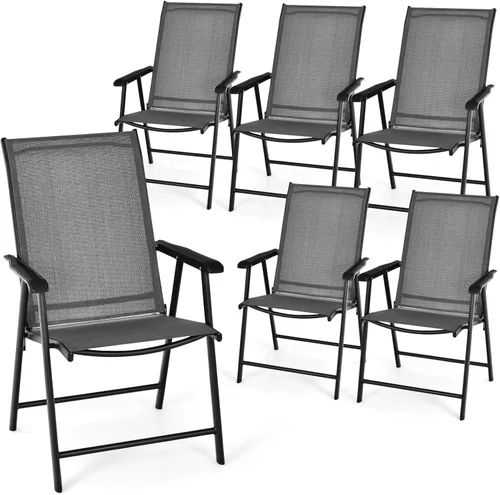Vista 13 de Tangkula Juego de 2 sillas plegables para patio, sillas de comedor de tela para exteriores con respaldo alto y reposabrazos, marco de metal Negro