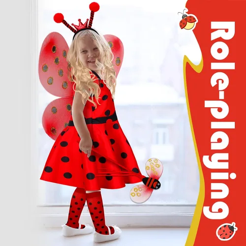 Vista 6 de Janmercy 7 piezas de vestido de mariquita para niñas con lunares tutú vestido de simulación de Halloween, fiesta de cumpleaños, regalo para niños