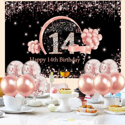 Vista 5 de Cartel de tela para decoración de cumpleaños número 14 para niñas de 14 años, cartel de tela para fiesta de cumpleaños de niña, fondo fotográfico