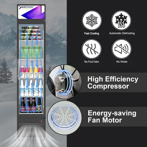Vista 7 de Refrigerador comercial de bebidas, refrigerador de 7 pies cúbicos pequeños delgados de una sola puerta de vidrio con estantes ajustables de luz LED