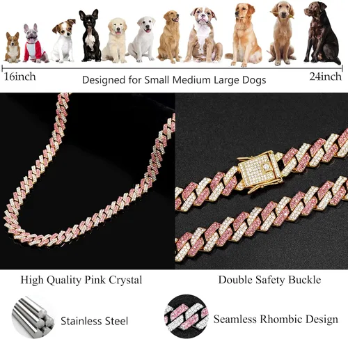 Vista 4 de Collar de cadena dorada para perro, collar cubano de diamantes para caminar, collar de cadena de metal con diseño de hebilla segura, collares