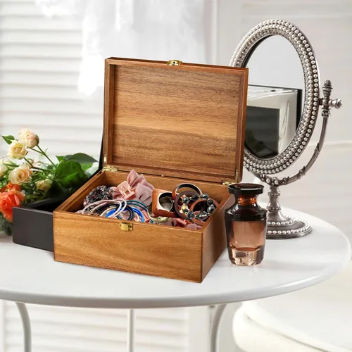 Vista 5 de Caja de recuerdo de madera de acacia con tapa con bisagras