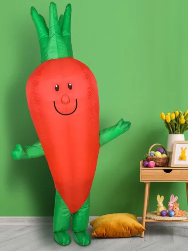Vista 7 de Disfraz inflable de zanahoria de Pascua para adultos, divertido disfraz de frutas y verduras para hombres y mujeres, fiesta de cosplay de Pascua