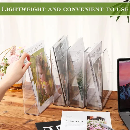 Vista 4 de 6 piezas de acrílico transparente para archivadores de revistas, organizador de escritorio de plástico con asa, estante vertical para revistas