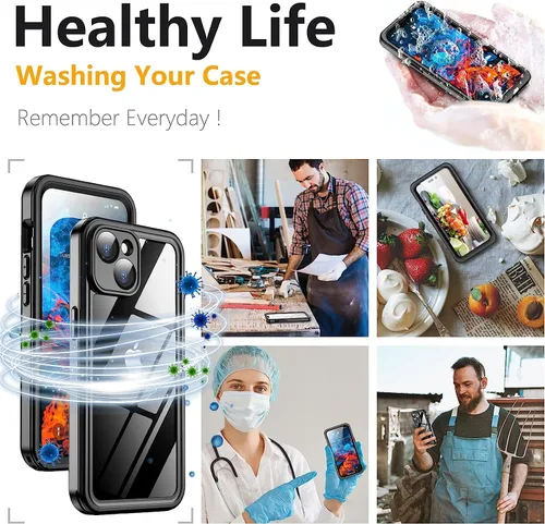 Vista 6 de Funda impermeable para iPhone 15, resistente, negro/transparente Lente y protector de pantalla integrados, protección de alta resistencia, 12 pies a