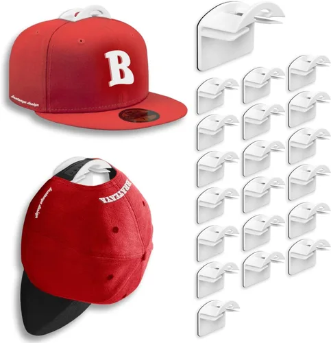 Vista 8 de Percheros para sombreros de pared, fuertes soportes adhesivos para sombreros, organizador para gorras sin perforación, paquete de 20 ganchos