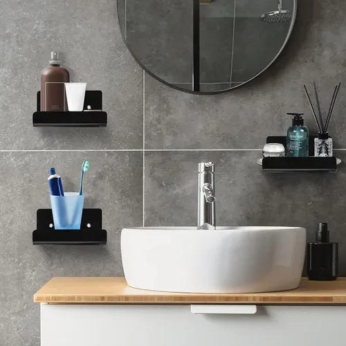 Vista 2 de Paquete de 3 estantes flotantes pequeños de acrílico para almacenamiento en pared, mini estante adhesivo de 4 pulgadas para sala de estar, baño