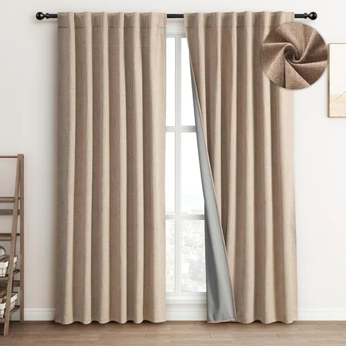 Vista 6 de FLORECORD Cortinas de lino 100% opacas de 52 pulgadas de ancho x 84 pulgadas de largo, juego de 2 paneles de cortinas opacas con aislamiento térmico