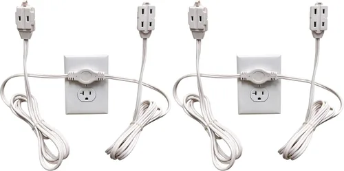 Vista 8 de W4W, Regleta de alimentación con cable de extensión doble - Cable de 12 pies - 6 pies en cada lado - Enchufe de cabeza plana (abraza la pared) - 6