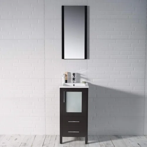 Vista 4 de Blossom Tocador de baño de madera maciza espresso de 16 pulgadas con fregadero, pequeño gabinete independiente con fregadero de cerámica y puerta