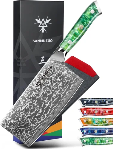 Vista 6 de Cuchillo chino de chef – Cuchillo de carnicero de 7 pulgadas – Serie Xuan – Cuchillo de cocina de acero Damasco VG10 – Mango de resina