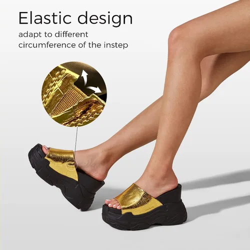 Vista 5 de K KIP WOK Sandalias gruesas de cuña para mujer, tacón grueso, plataforma de verano, sandalias con lentejuelas y puntera abierta, zapatos de piel