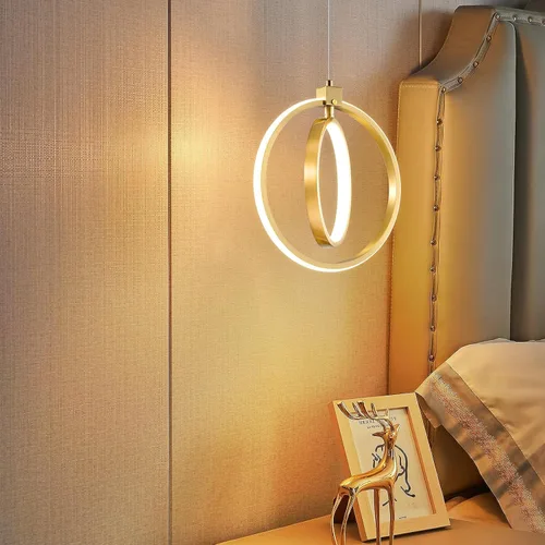 Vista 2 de Lámpara LED moderna con anillo dorado, lámpara colgante de 4000 K, regulable en altura ajustable, iluminación colgante para comedor, cocina, isla