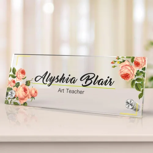Vista 40 de Placa de identificación personalizada para escritorio, decoración de oficina de acrílico transparente con diseño de flores, decoraciones