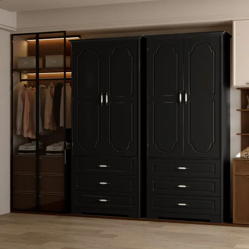 Vista 6 de FJTJBSI Armario Armario con 3 cajones y luz LED de 72 pulgadas, armario de madera para dormitorio con 2 puertas y manijas de puerta de cerámica Negro