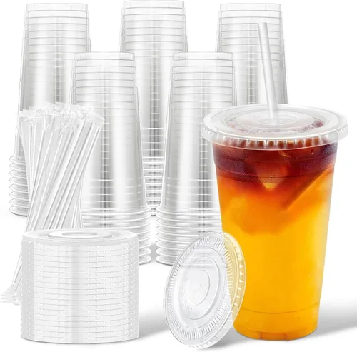 Vista 9 de Clawsoff Paquete de 100 vasos desechables de plástico transparente de 20 onzas con tapas y popotes, a prueba de fugas, resistentes a las fugas
