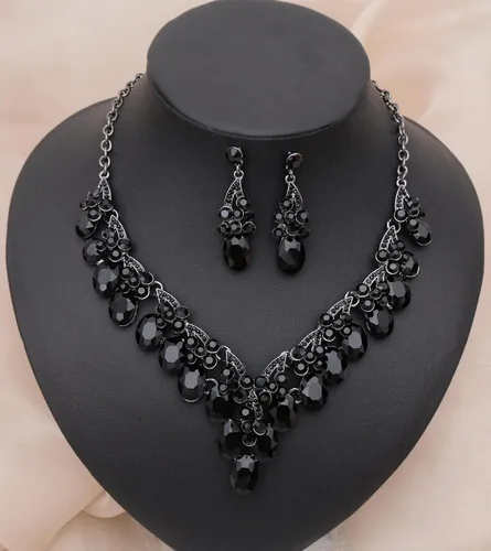 Vista 3 de Juego de joyas de boda de cristal de forma ovalada para novias, damas de honor, collar y aretes, pulsera, anillo de compromiso, accesorio de disfraz