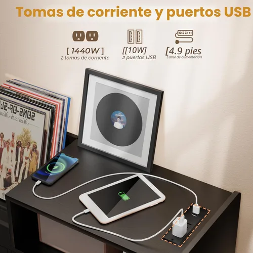 Vista 5 de Soporte grande para tocadiscos con puerta corredera, gabinete de almacenamiento para 350 discos de vinilo, mesa para tocadiscos con toma