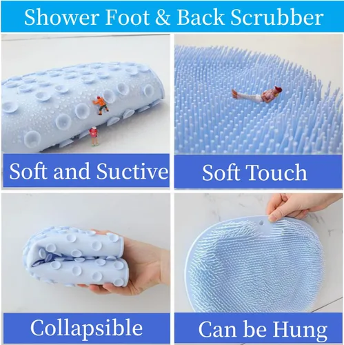 Vista 2 de YVPSI Limpiador de pies y espalda para ducha, almohadilla de masaje montada en la pared, cepillo de masaje de baño de silicona con ventosas para Azul