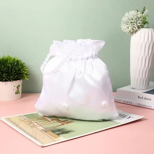 Vista 3 de NOLITOY Bolsa de dinero de boda nupcial de satén para adolescente Dama de honor de novia blanca con flores de satén decoradas bolso para baile