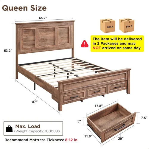 Vista 2 de ACCOHOHO Bastidor de cama Queen de estilo granja con cabecera y estribo de panel completo de 52" de alto, estructura de cama Queen con cajones