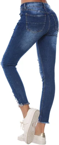 Vista 4 de Resfeber - Pantalones de jean rasgados estilo boyfriend para mujer, pantalón de jean desgastado y elastizado, largo hasta la pantorrilla y agujeros