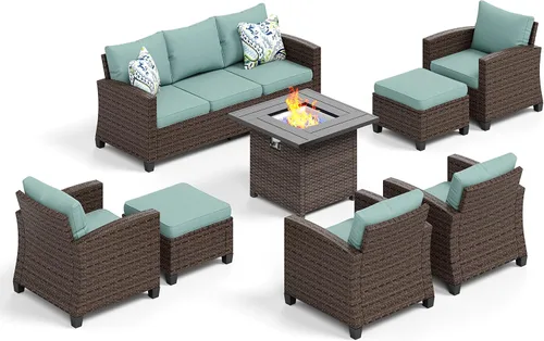 Vista 100 de HERA'S HOUSE - Juego de muebles para patio con mesa para fogata, muebles de mimbre para exteriores, sofá de conversación con asientos profundos