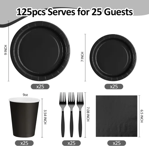 Vista 2 de Platos y servilletas de papel negro, platos desechables para fiestas, incluye platos de 7 y 9 pulgadas, tazas, servilletas, tenedores, suministros