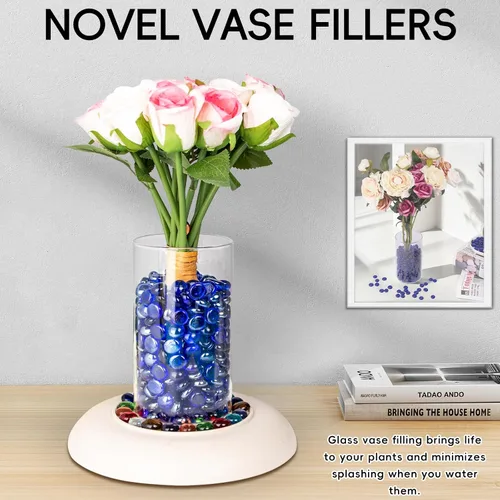 Vista 3 de 1 LB de mármoles de vidrio azul, cuentas de vidrio planas mini~150 PIEZAS para rellenos de jarrón, guijarros de gemas florales de Mancala, rocas