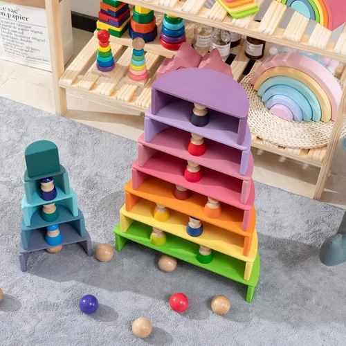 Vista 5 de Juguete apilable de madera de arco iris, apilador de 12 piezas, bloques de construcción de rompecabezas de anidación extragrandes, juguetes