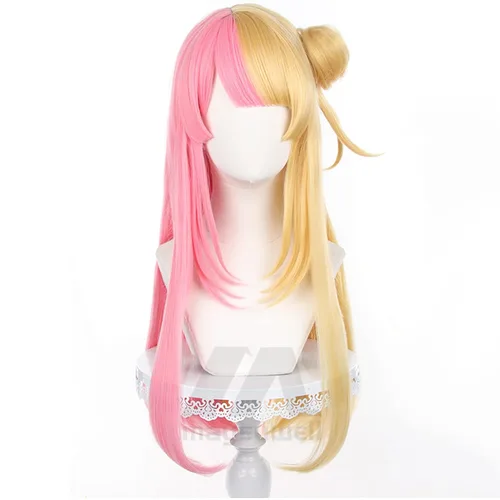 Vista 2 de Vtuber Kotoka - Peluca de cosplay con cabello sintético largo y lacio rosa y rubio amarillo para mujer, con gorra de peluca gratis para Comic Con