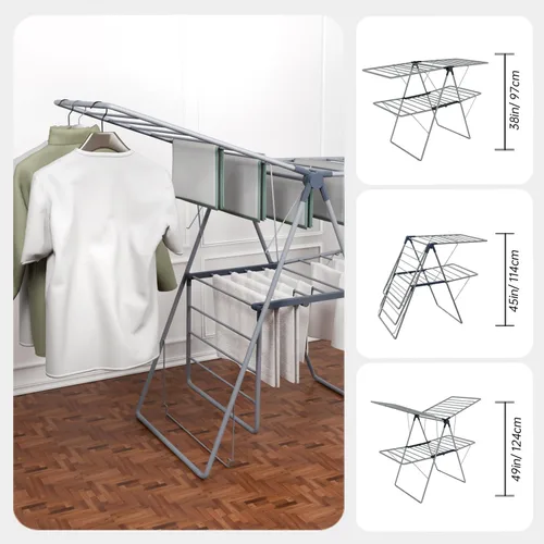 Vista 5 de Clothes Drying Rack Outdoor, Foldable Laundry Drying Rack Heavy Duty, Free-Standing Folding Clothes Hanger with Height-Adjustable Wings, 2 Tier
