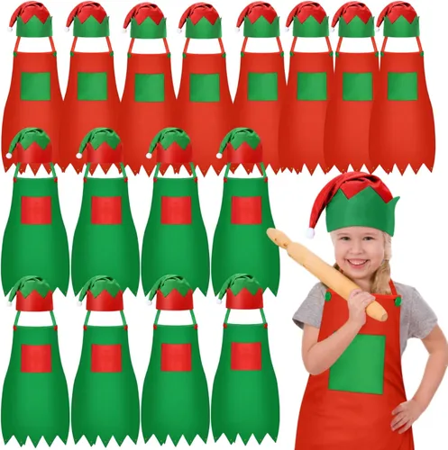 Vista 8 de Handepo - Conjunto de delantal y gorro de elfo navideño para niños, sombreros de Papá Noel para niños, suministros de fiesta navideña para niños