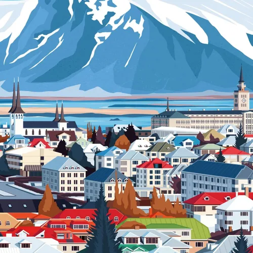 Vista 3 de Reykjavík - Póster de viaje de Islandia Reykjavík para decoración de pared de Reykjavík, ilustración de viaje, póster de Islandia, día de San