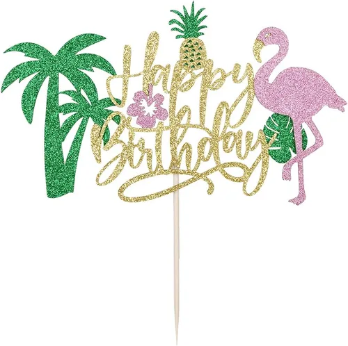 Vista 5 de PALASASA Decoración para tartas de cumpleaños con flamenco con purpurina, temática hawaiana de piña tropical Luau para niños y niñas, suministros