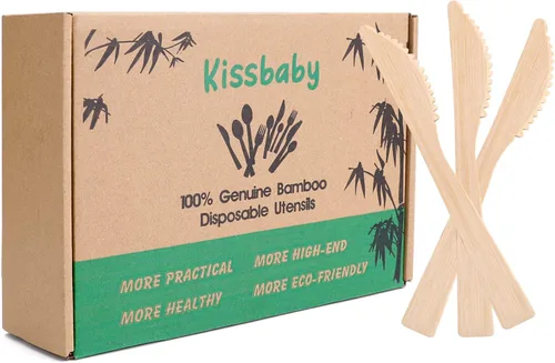 Vista 6 de Utensilios de bambú -100 PK (50 tenedores, 25 cucharas, 25 cuchillos) 6.7 pulgadas, tenedores compostables, cucharas, cuchillos, cubiertos de bambú