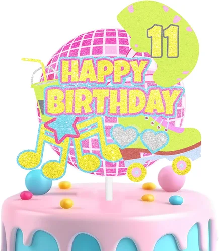 Vista 8 de Decoración retro de pastel de patinaje sobre ruedas para niñas, temática de discoteca de décimo cumpleaños, decoración de notas musicales, fiesta