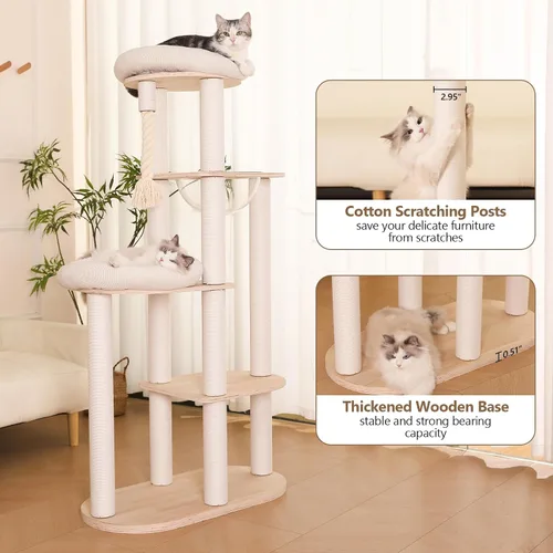 Vista 10 de Árbol moderno para gatos de 59 pulgadas, torre grande de varios niveles, árbol de madera resistente para gatos con hamaca, poste rascador de algodón