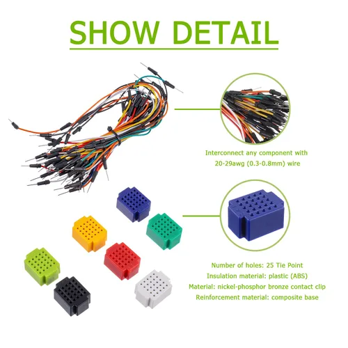 Vista 3 de Mini Breaboard de 25 puntos de amarre con cables de puente para bloques de conexión de distribución Proto Shield (7 piezas)